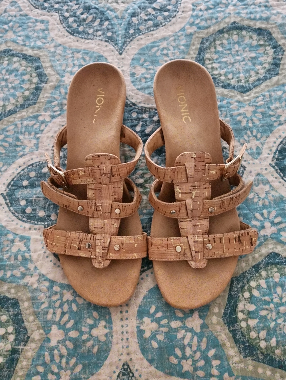Vionic Radia Strappy Cork-Style Tan Gold Accents Slide Wedge Sandals